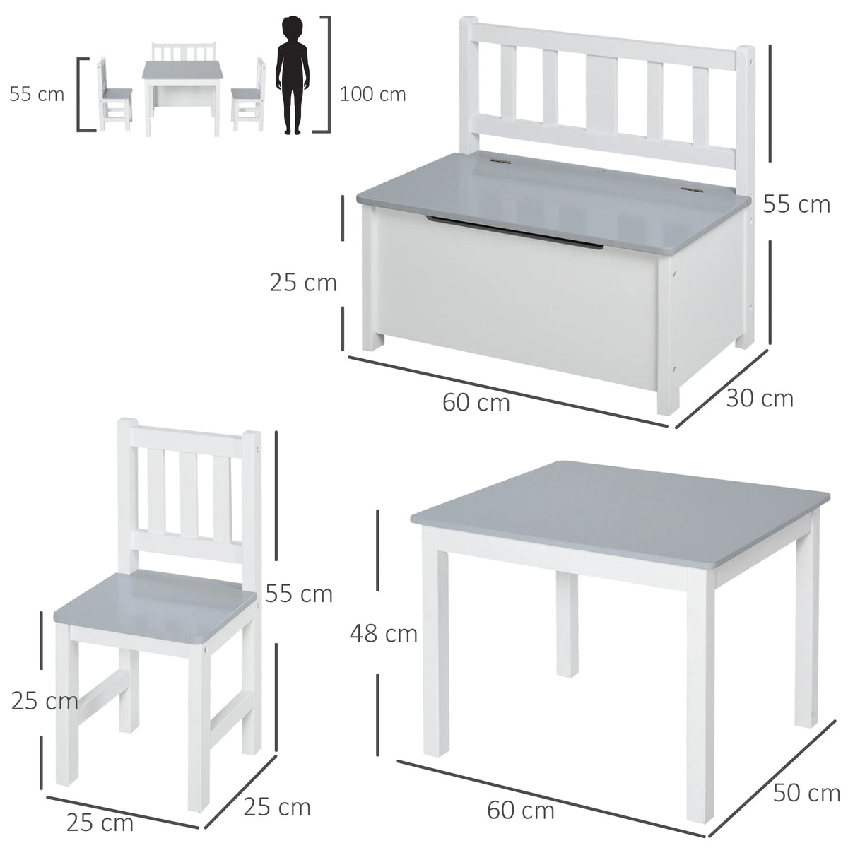 4-Piece Kids Table and Chair Set with Storage Bench