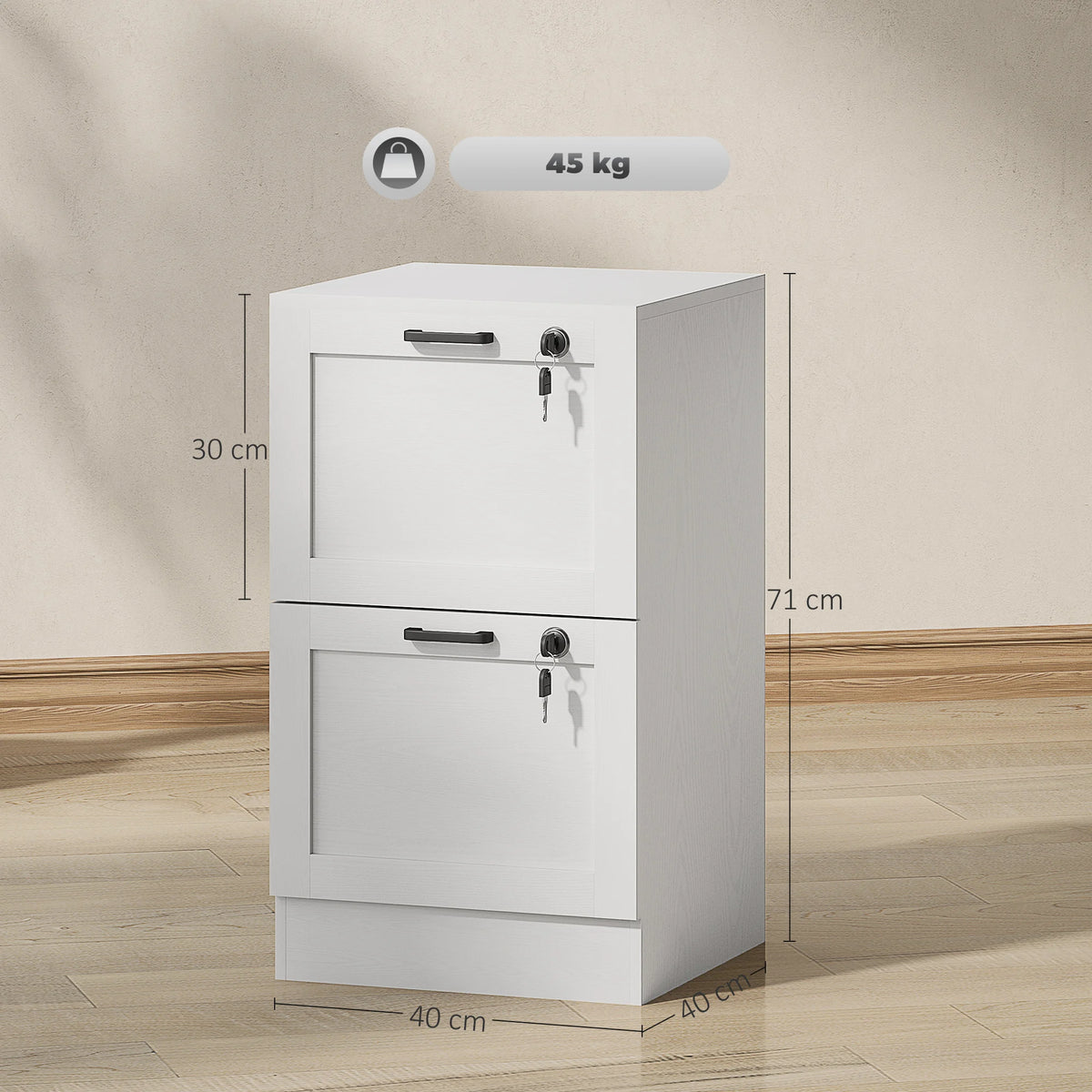2-Drawer File Cabinet, Lockable Filing Cabinet for A4 and Letter Paper, White