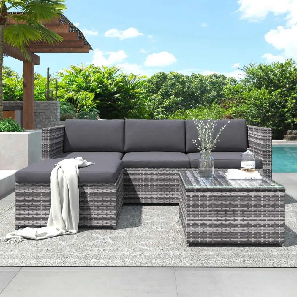 3-Piece Rattan Garden Corner Sofa Set with Glass-Top Coffee Table, Grey