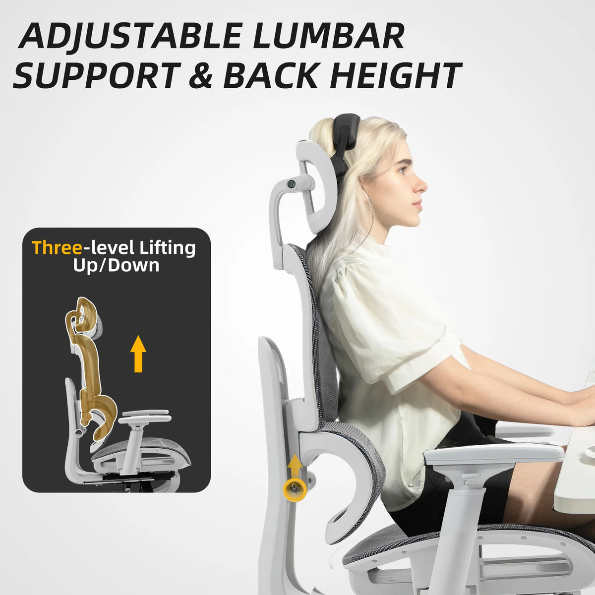 Ergonomic Mesh Office Chair with Lumbar Support, Headrest and Footrest, Grey and White
