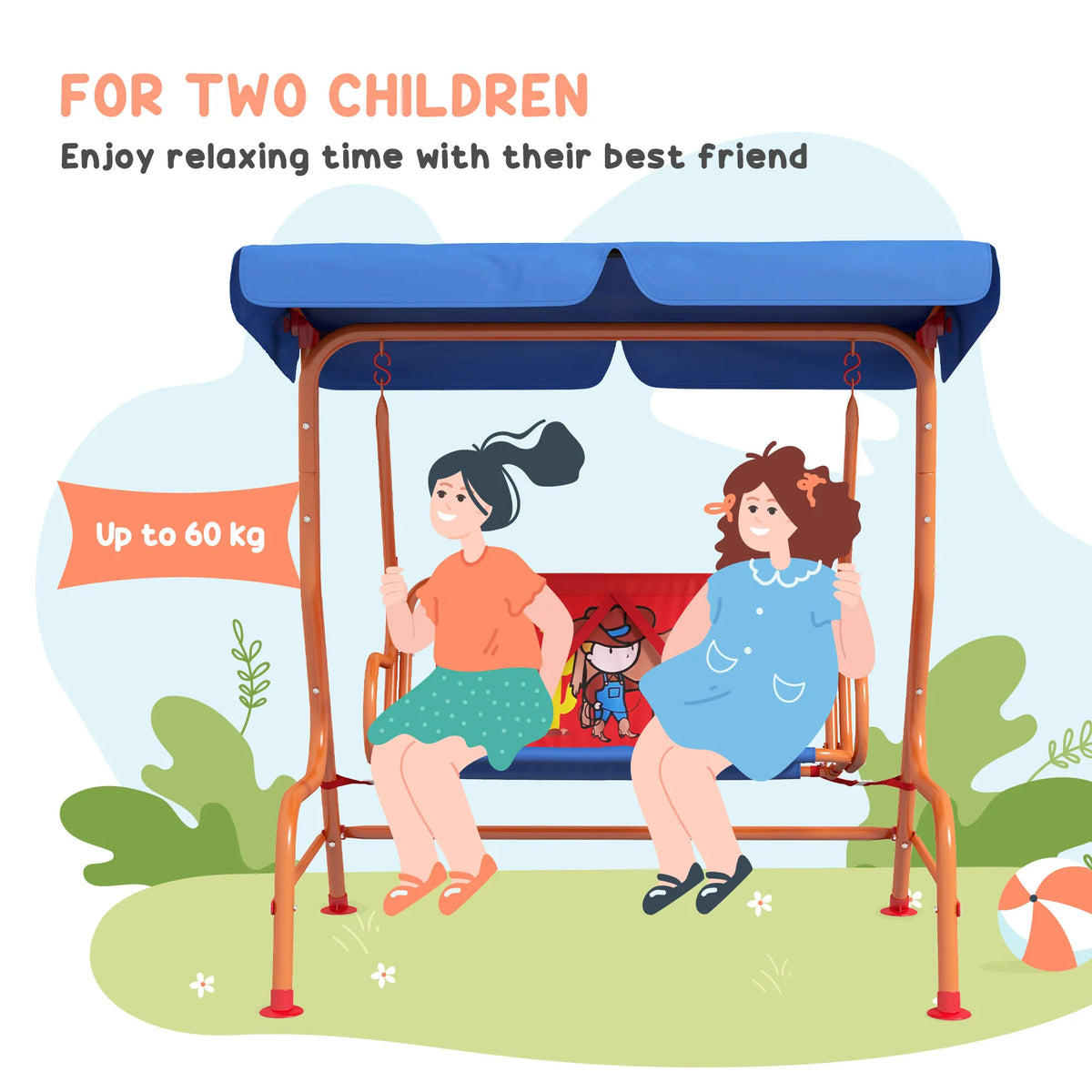 2 Seater Kids Swing Chair with Adjustable Canopy Seatbelts Cowboy Design Steel Frame Indoor Outdoor