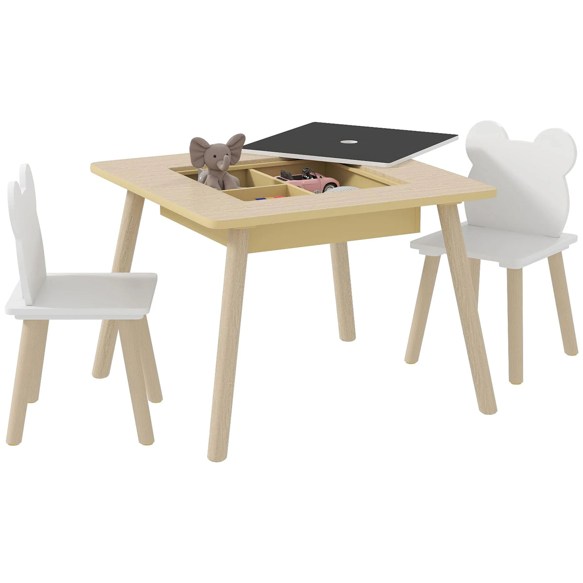 3 Piece Toddler Table and Chairs Set with 3 in 1 Flip Top Storage Grids and Bear Shaped Chairs 60x60x44cm