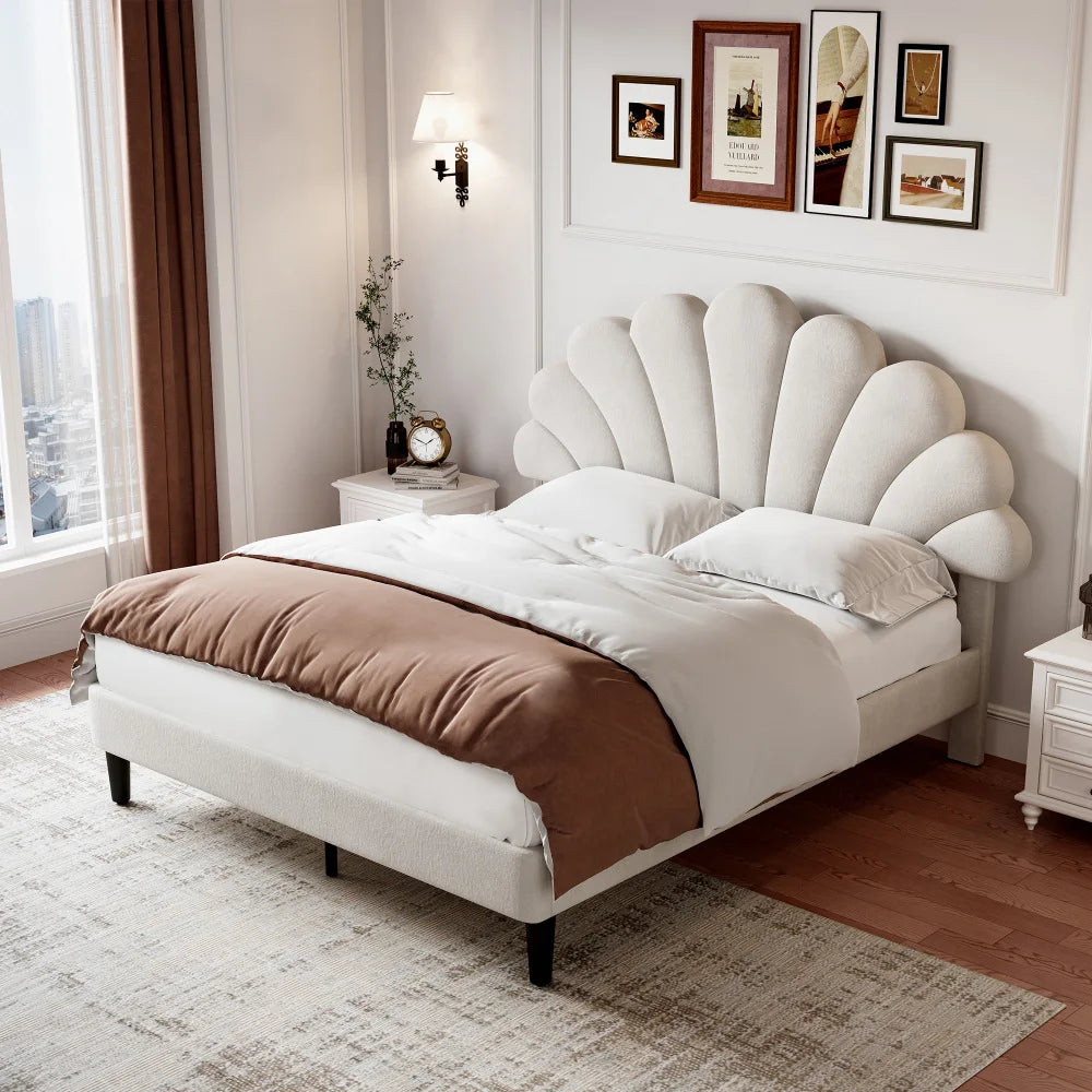 4ft6 Double Upholstered Velvet Bed Frame with Adjustable Petal Headboard, Beige