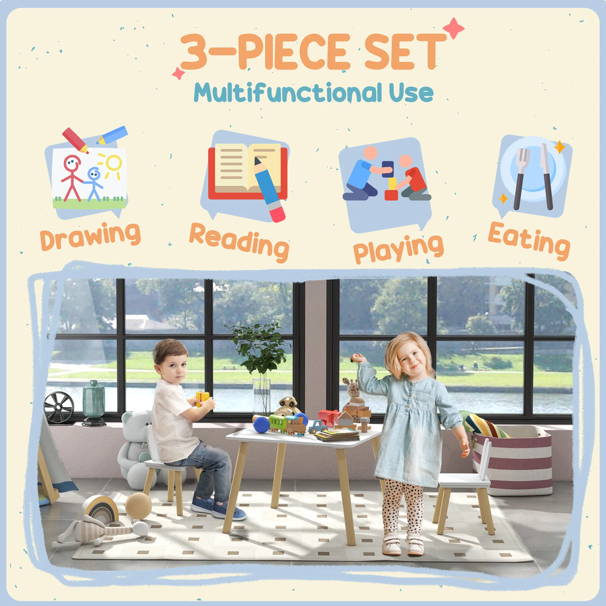 3 Piece Toddler Table and Chair Set with Bunny Ear Backrests MDF and Pine Wood Legs Chairs Tuck Under White