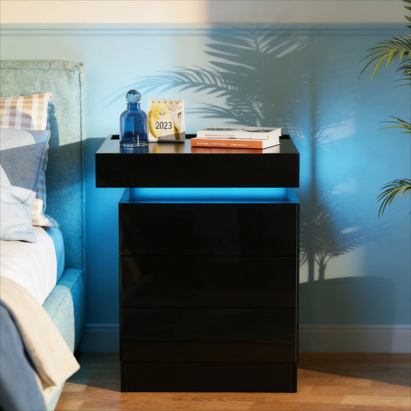 Farmhouse Wooden Nightstand with 3 Drawers, LED Light Strip and Charging Station | 2AC 2USB UK Plug Bedside Table
