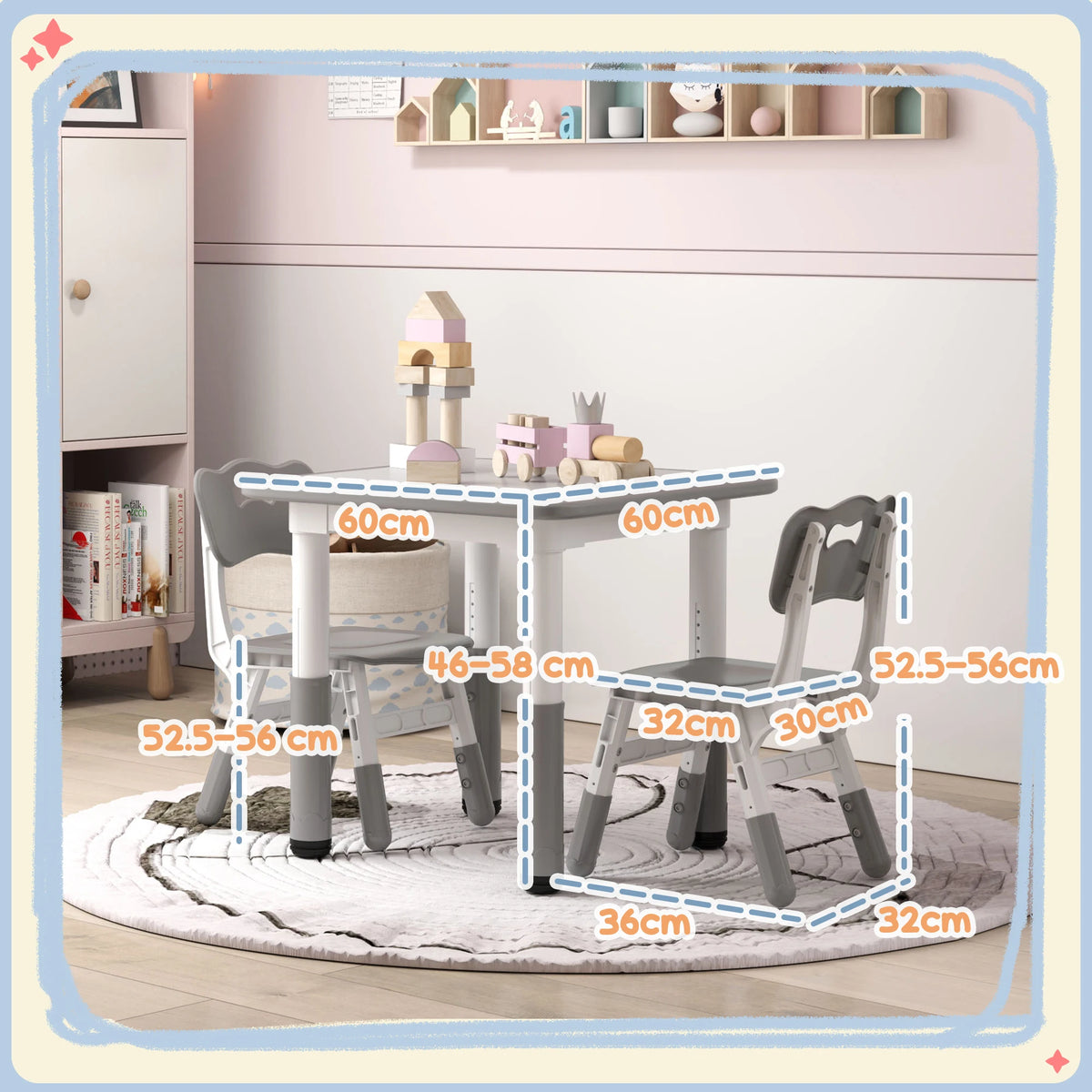 3 Piece Kids Table and Chair Set with 7 Table Heights and 3 Chair Heights Wipe Clean Arts and Crafts Grey