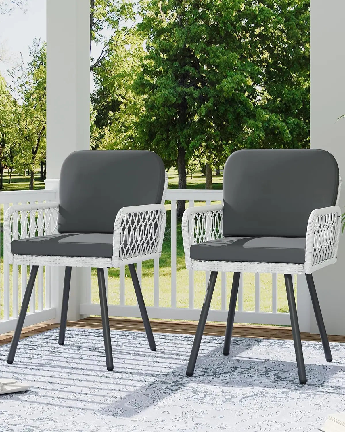 Set of 4 Modern Farmhouse Outdoor Dining Chairs PE Rattan with Cushions 350lbs Capacity for Garden Patio Balcony