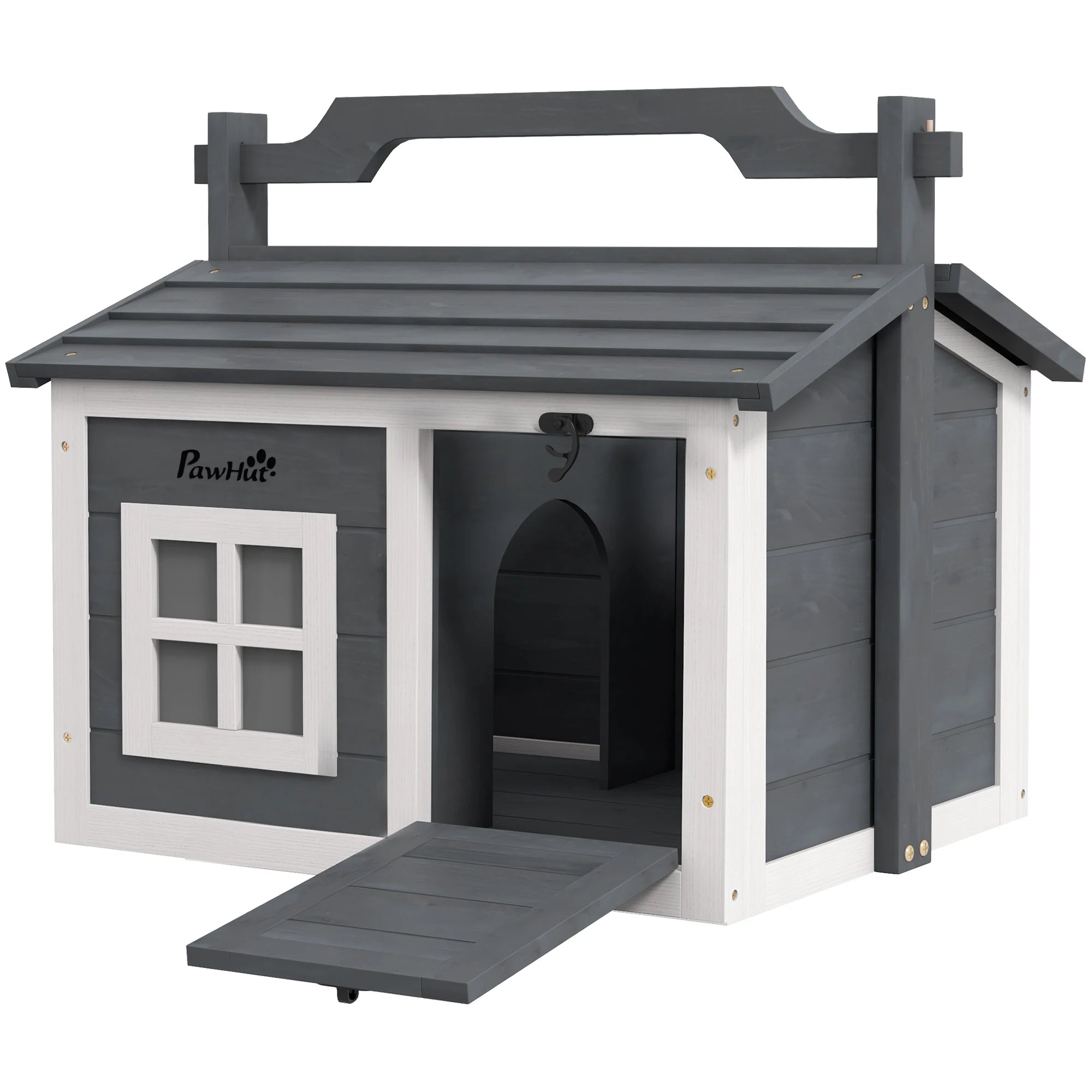 Wooden Rabbit Hutch with Openable Roof, Top Handle and Two Rooms for Indoor and Outdoor Use