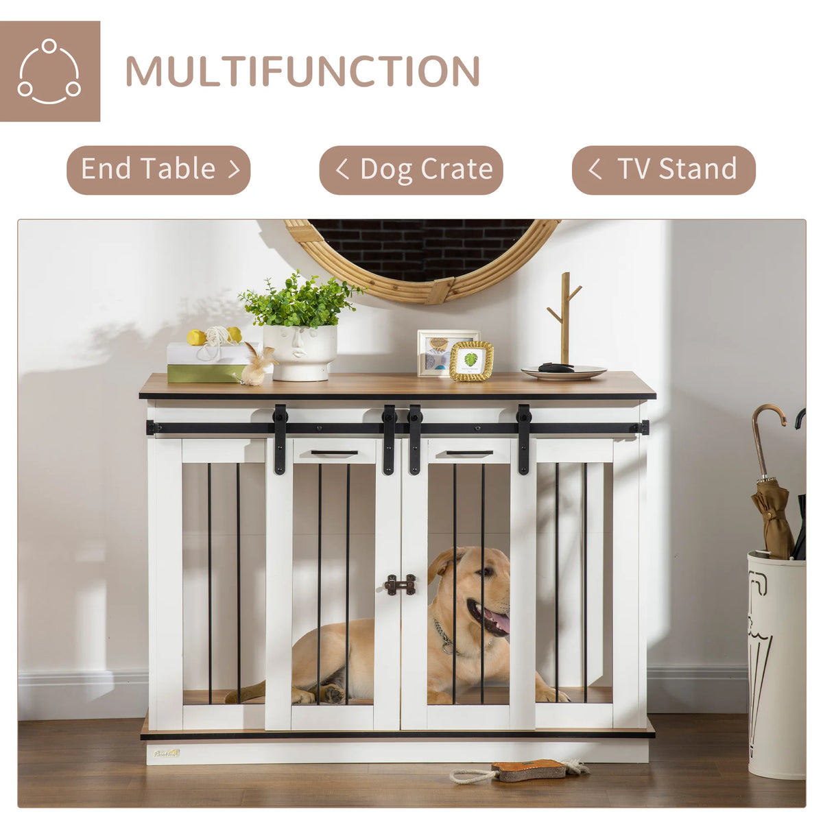 Dog Crate End Table with Divider and Washable Cushion, 120cm