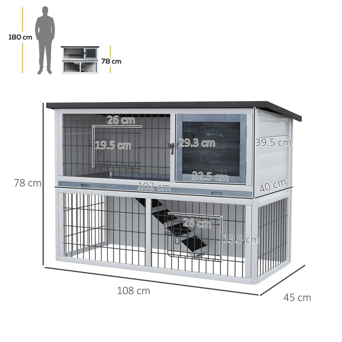 2 Tier Rabbit Hutch 108x45x78cm Fir Wood Guinea Pig Cage with Ramp Removable Tray and Openable Roof Grey