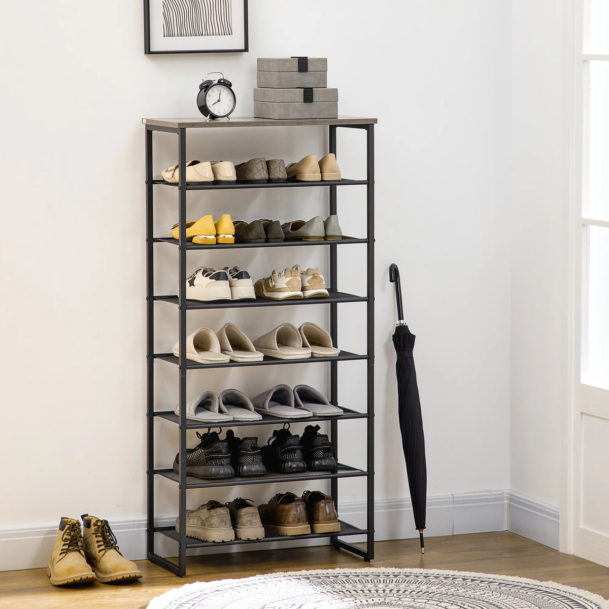 Tall Metal Shoe Rack with 7 Mesh Shelves and Top Shelf, Holds 21 Pairs, Black and Grey