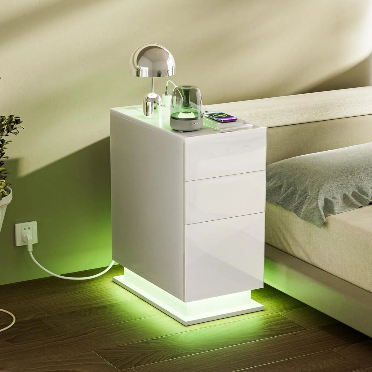 White Bedside Table with 3 Drawers, LED Strip, and Charging Station | 2AC 2USB Nightstand with App Control