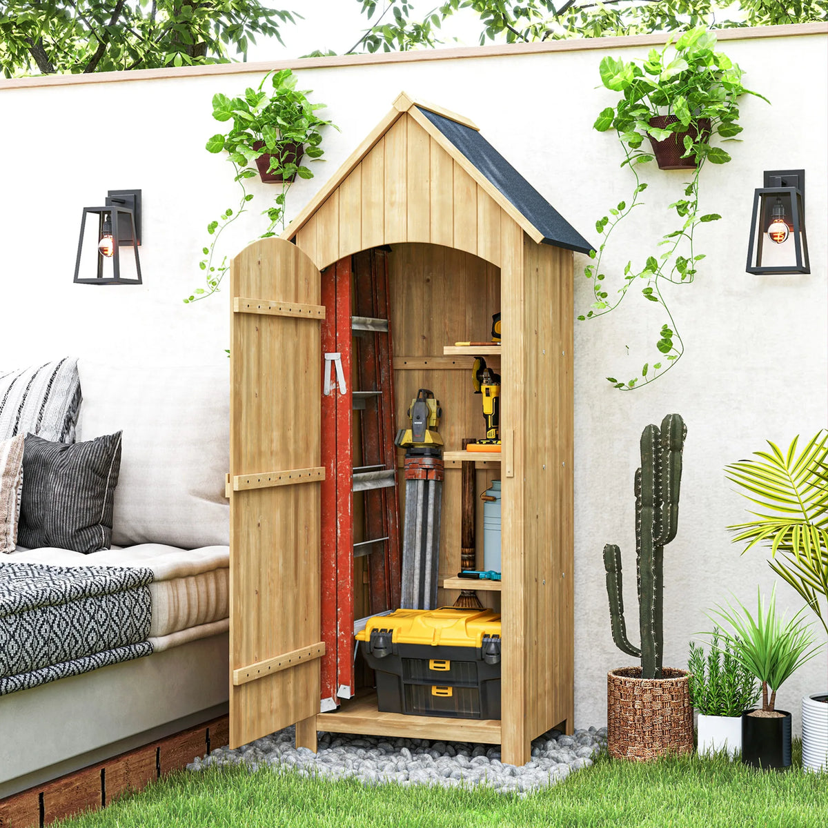 Small Wooden Garden Tool Shed with 3 Shelves and Asphalt Roof, Natural