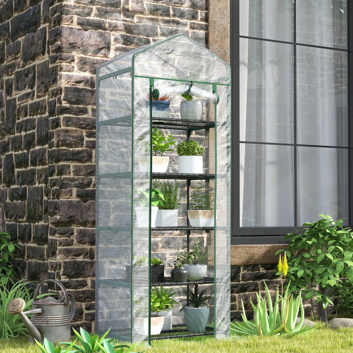 Portable Mini Greenhouse with 5 Wire Shelves and Roll-Up Door, 193cm
