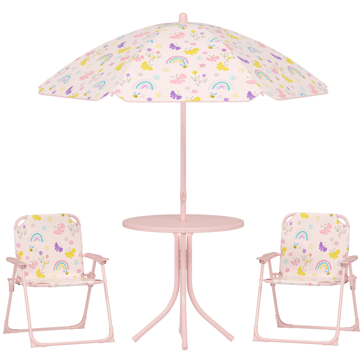 Kids Garden Table and Chair Set with Parasol 4 Piece Folding Outdoor Patio Set Rainbow Design Pink