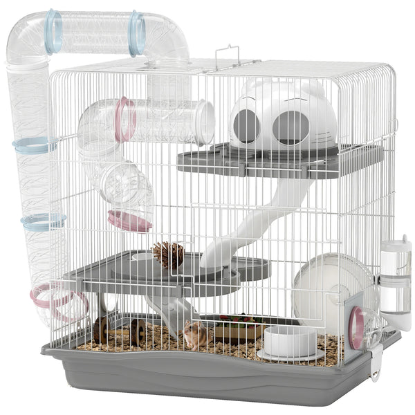 3 Tier Hamster Cage 45x30x45cm with 14 Tubes Exercise Wheel and 9cm Deep Base for Dwarf Hamsters Grey