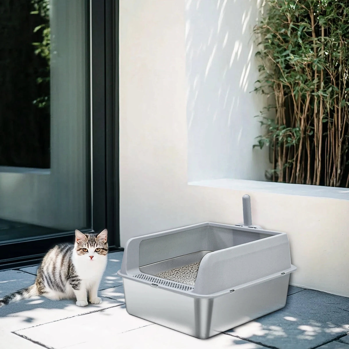 Stainless Steel Large Cat Litter Box Semi-Closed 60x40x27.7cm Odor Proof Scoop Small Medium Kittens