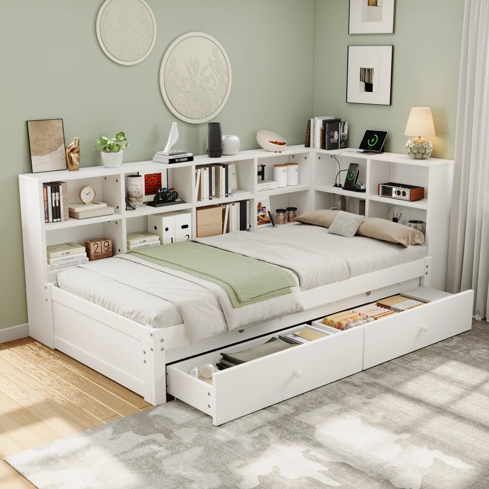3ft Single Daybed with Storage Drawers, Pull-Out Trundle & Charging Station, White