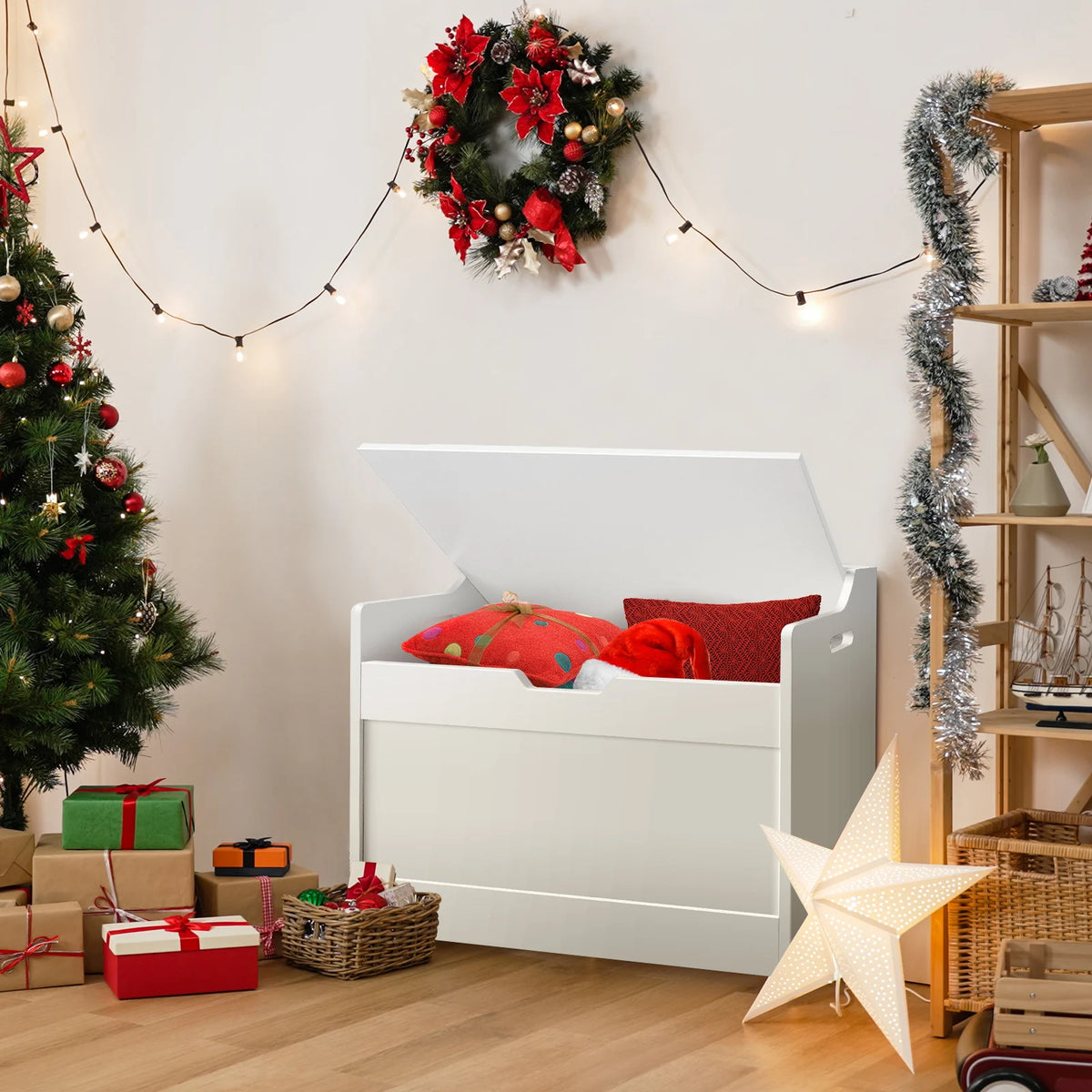 Wooden Storage Box and Bench 40x62.2x46cm 2 in 1 Toy and Blanket Chest MDF Safety Hinge U Shaped Cutout
