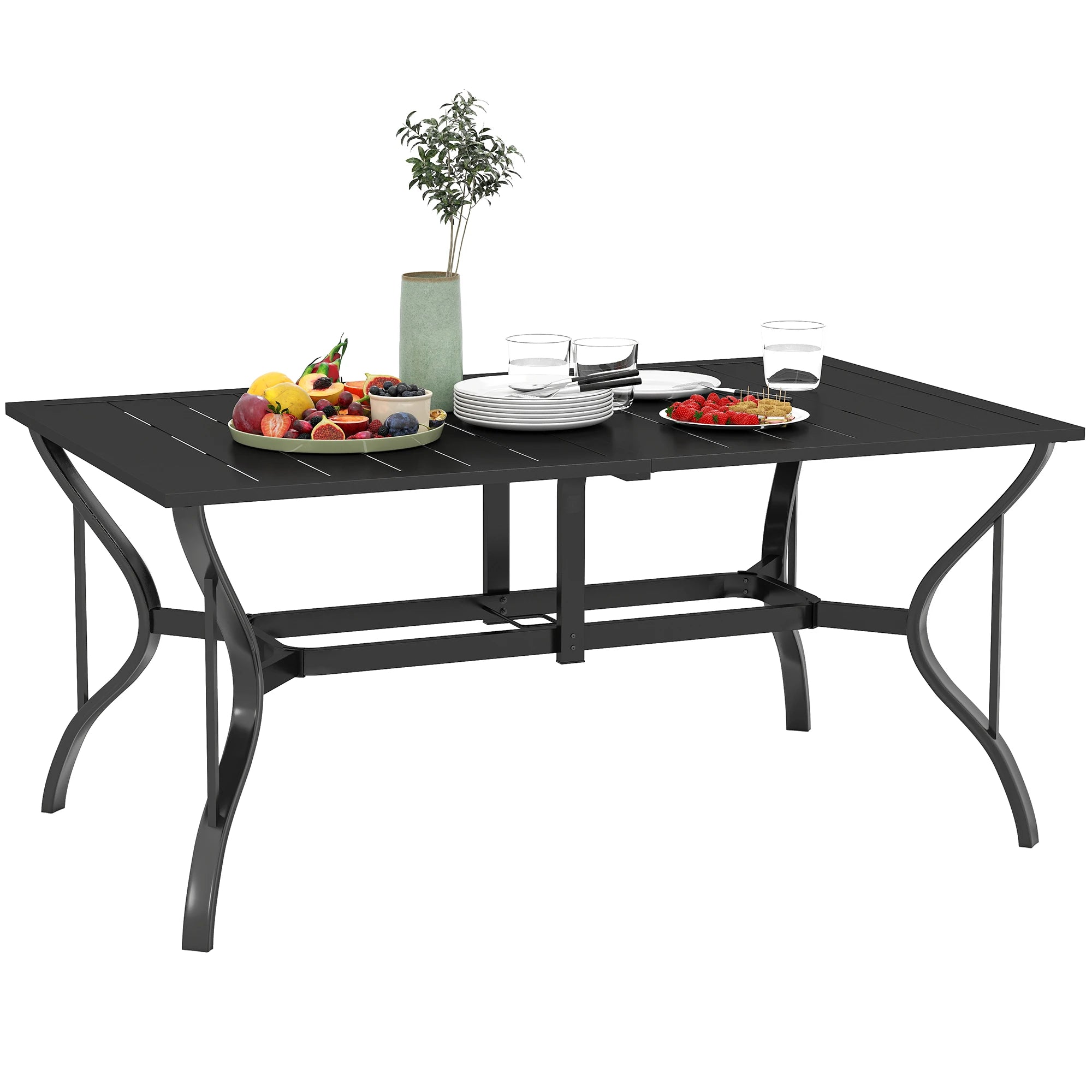 6-Seater Outdoor Garden Dining Table with Slatted Steel Top, Parasol Hole and Powder-Coated Frame