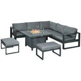 6 Piece Aluminium Garden Furniture Set Outdoor Corner Sofa Loveseat Footstool with Fire Pit Table