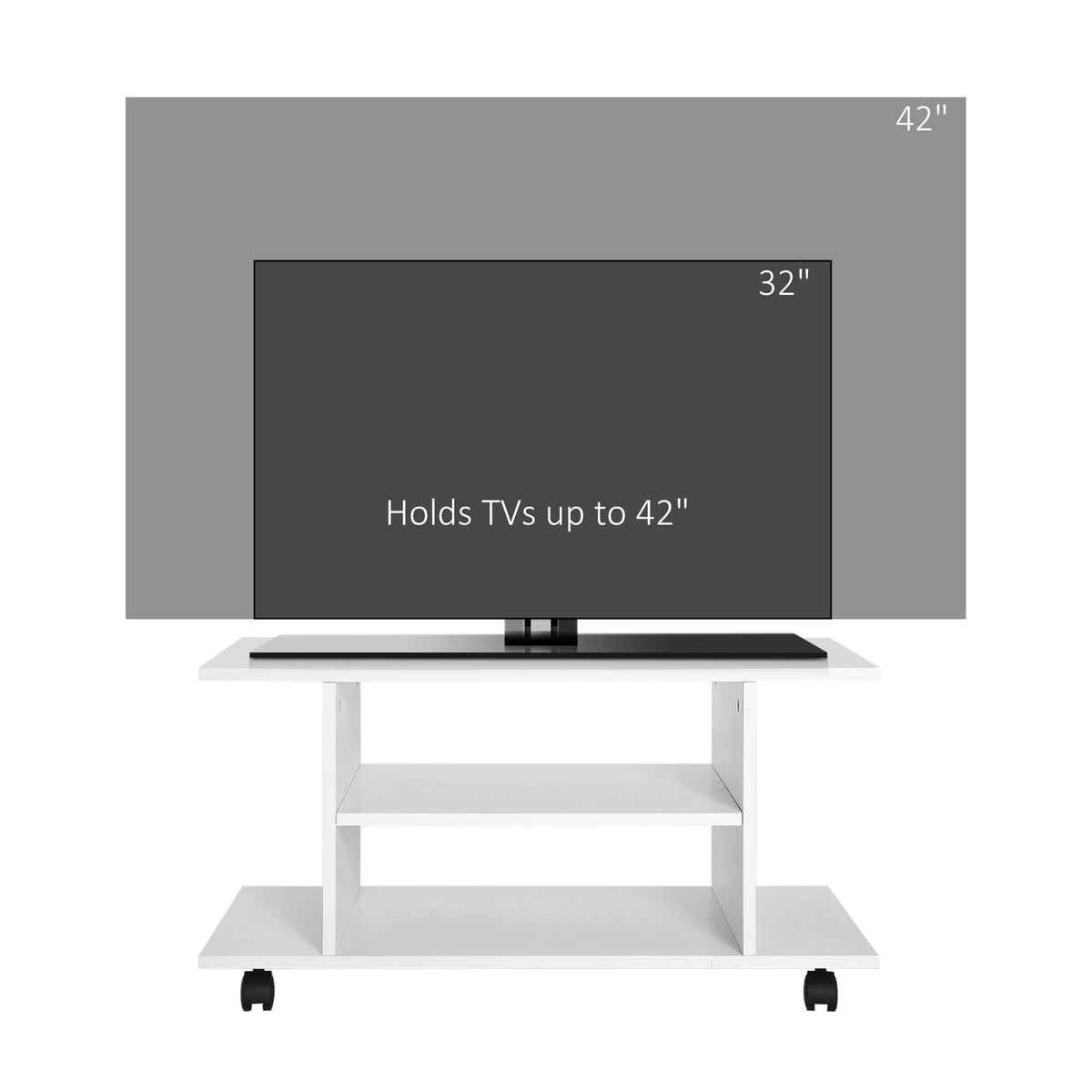 Modern 3-Tier TV Stand with Wheels and Open Shelves, White