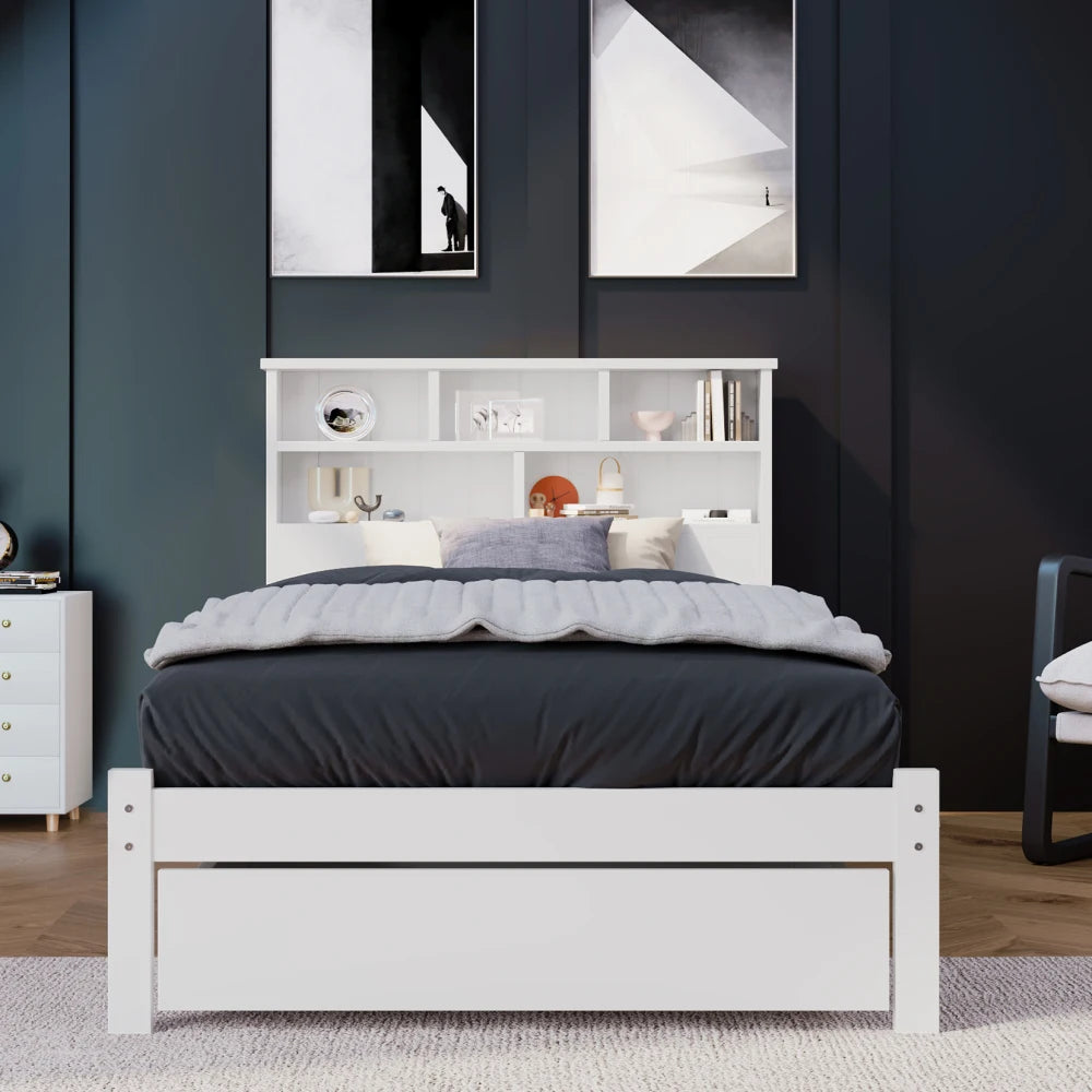 3ft Single Bed Frame with Shelves, White Wooden Storage Bed, Frame Only