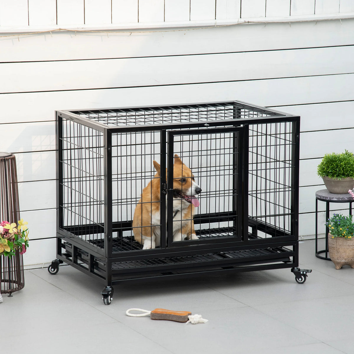 Metal Kennel Cage with Wheels and Crate Tray for Pet Dogs, Black