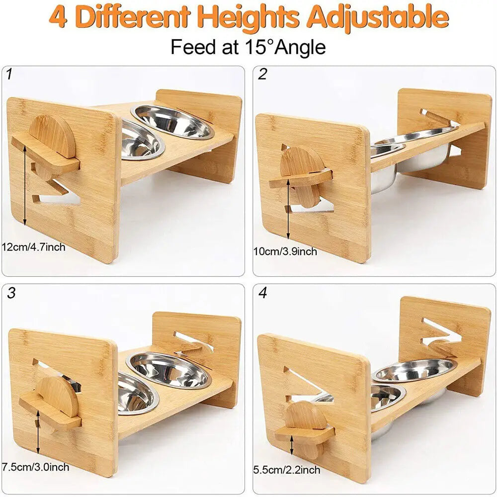 Elevated Dog Bowls with Bamboo Stand 4 Height Adjustable 2 x 380ml Stainless Steel Bowls 31x17x16cm
