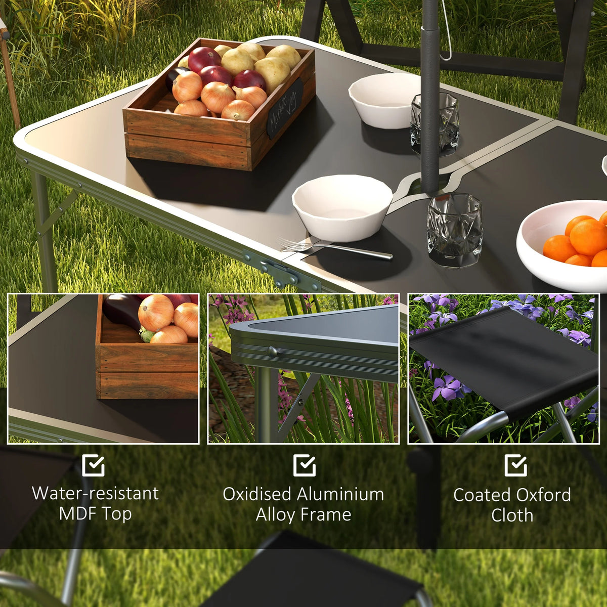 Folding Aluminium Picnic Table and 4 Chairs Set with Adjustable Height, Black