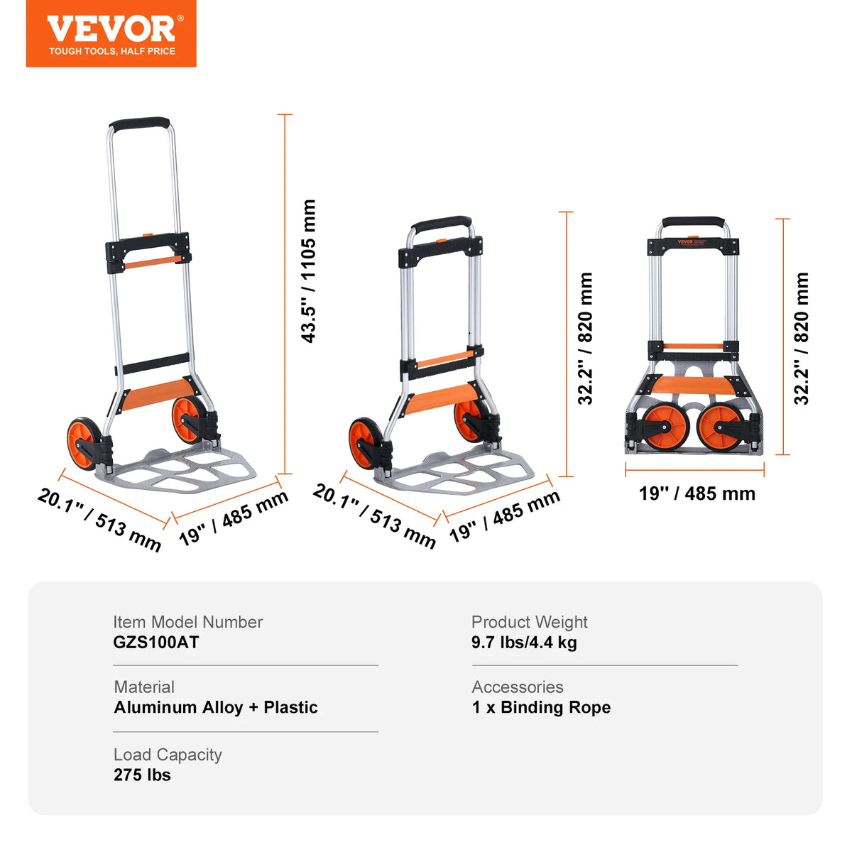 Folding Hand Truck Aluminium Portable Dolly Cart Telescoping Handle Binding Rope for Moving Warehouse