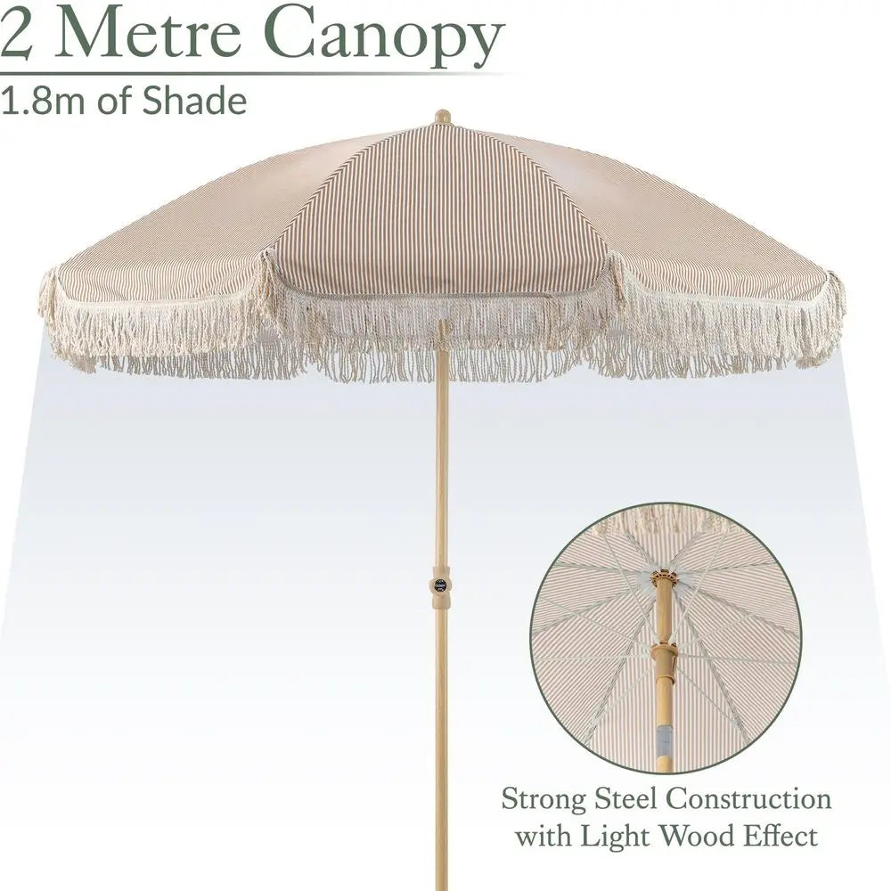 2m Tilting Garden Parasol with Cotton Tassels, Portable Beach Umbrella, UV50, Taupe Stripe