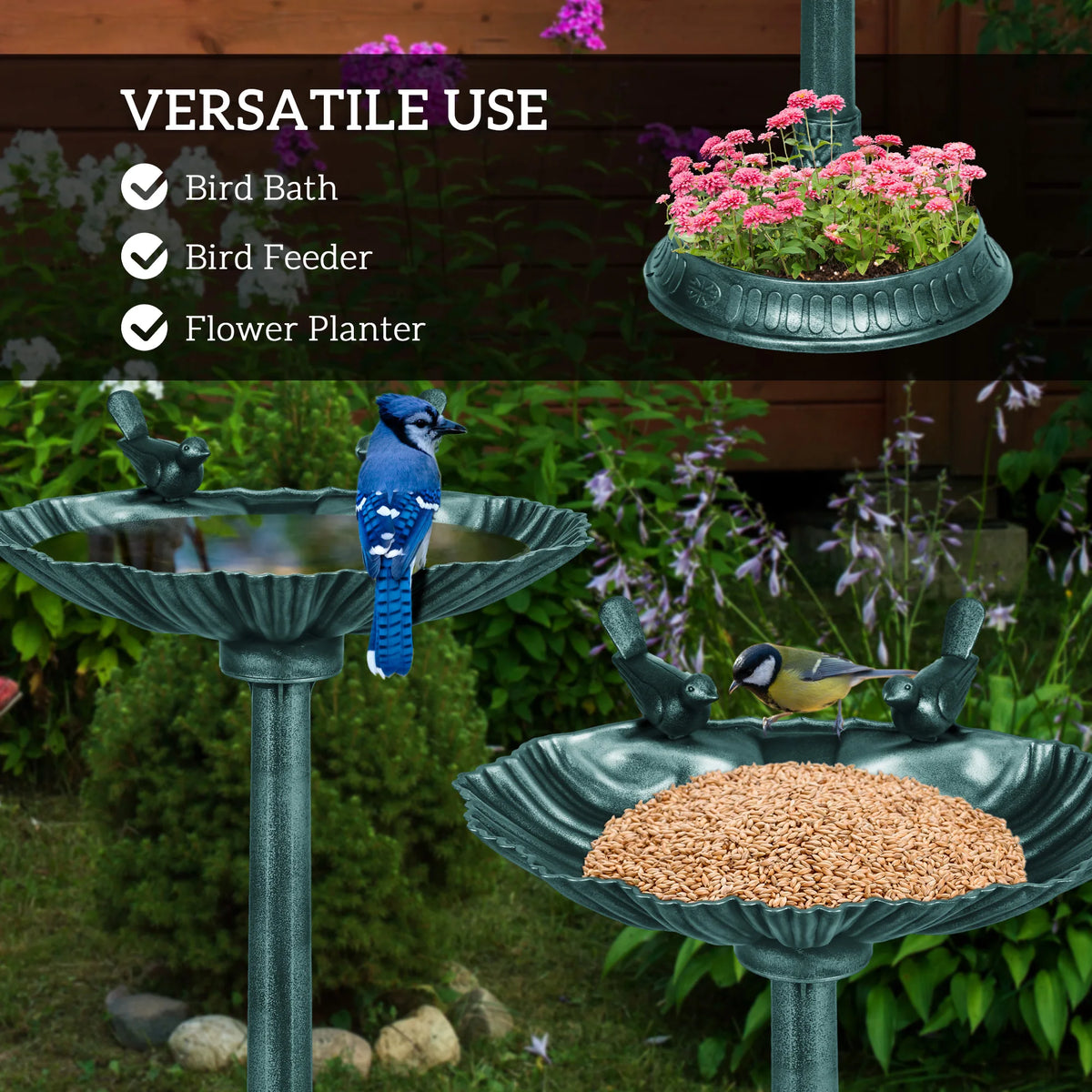 81cm Tall Bird Bath with 2 Decorative Bird Statues for Garden, Green