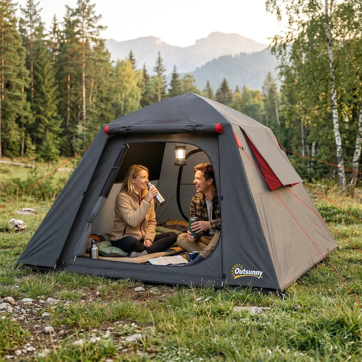 2 Person Dome Camping Tent with 2 Doors, 3000mm Waterproof Rating, Dark Grey and Red
