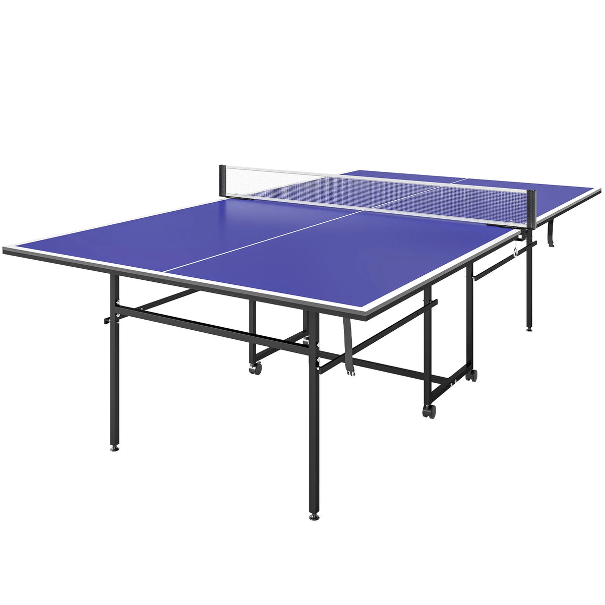 9ft Full-Size Folding Table Tennis Table on Wheels with Net, Bats and Balls, Blue