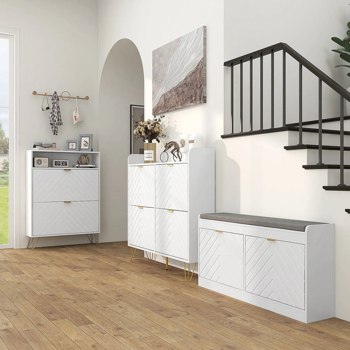 Narrow Shoe Cabinet with 2 Flip Drawers and Open Shelf, Holds 12 Pairs, 80 x 24 x 110 cm