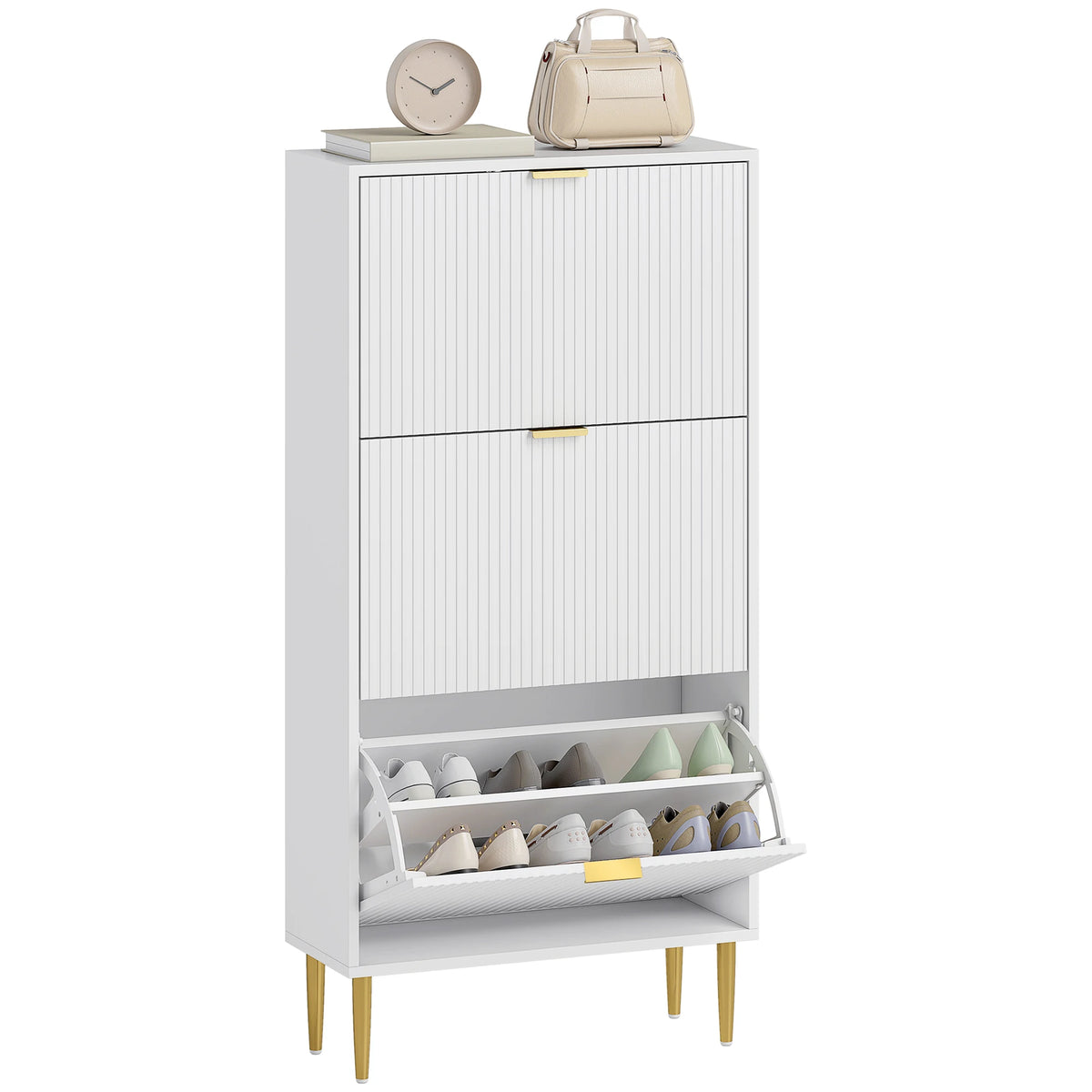 Slim Shoe Cabinet for 18 Pairs with 3 Flip Drawers Fluted Panel Doors Gold Tone Handles Adjustable Shelves White