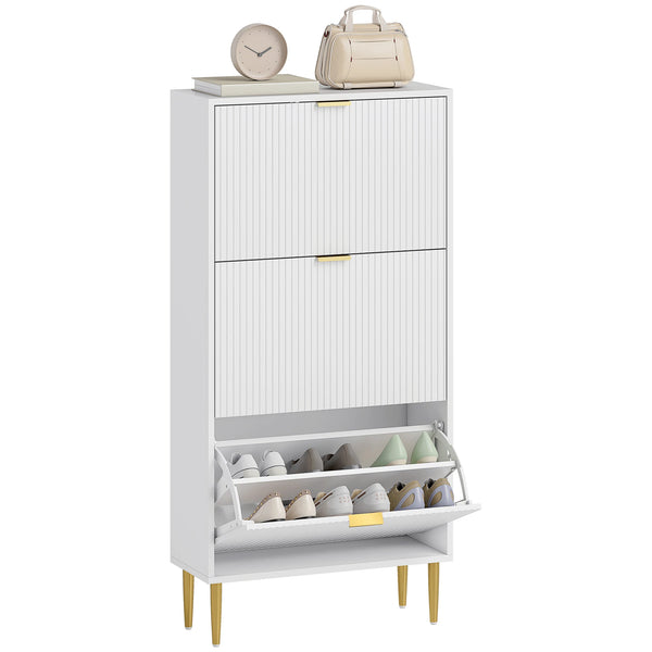 Slim Shoe Cabinet for 18 Pairs with 3 Flip Drawers Fluted Panel Doors Gold Tone Handles Adjustable Shelves White