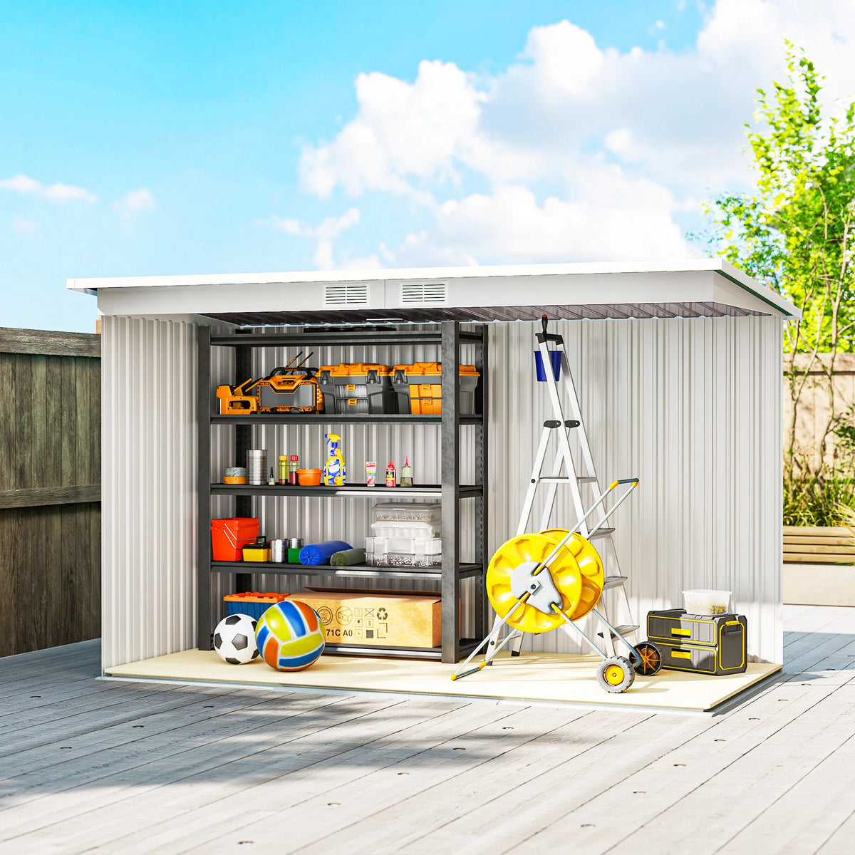 9 x 4ft Metal Garden Shed with Lockable Sliding Doors and Foundation Kit, Light Grey
