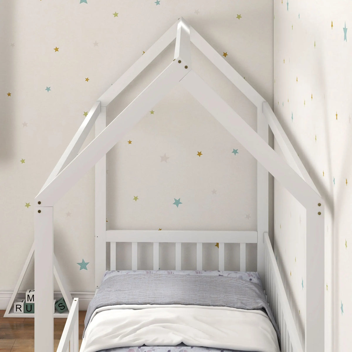 House Shaped Kids Bed Frame with Safety Fence Solid Wood 15 Slats and 2 Keels Burr Free Finish White