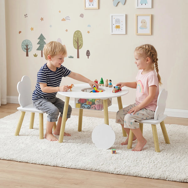 Kids Table and 2 Chairs Set with Storage Mesh Bag, Cloud Design, White