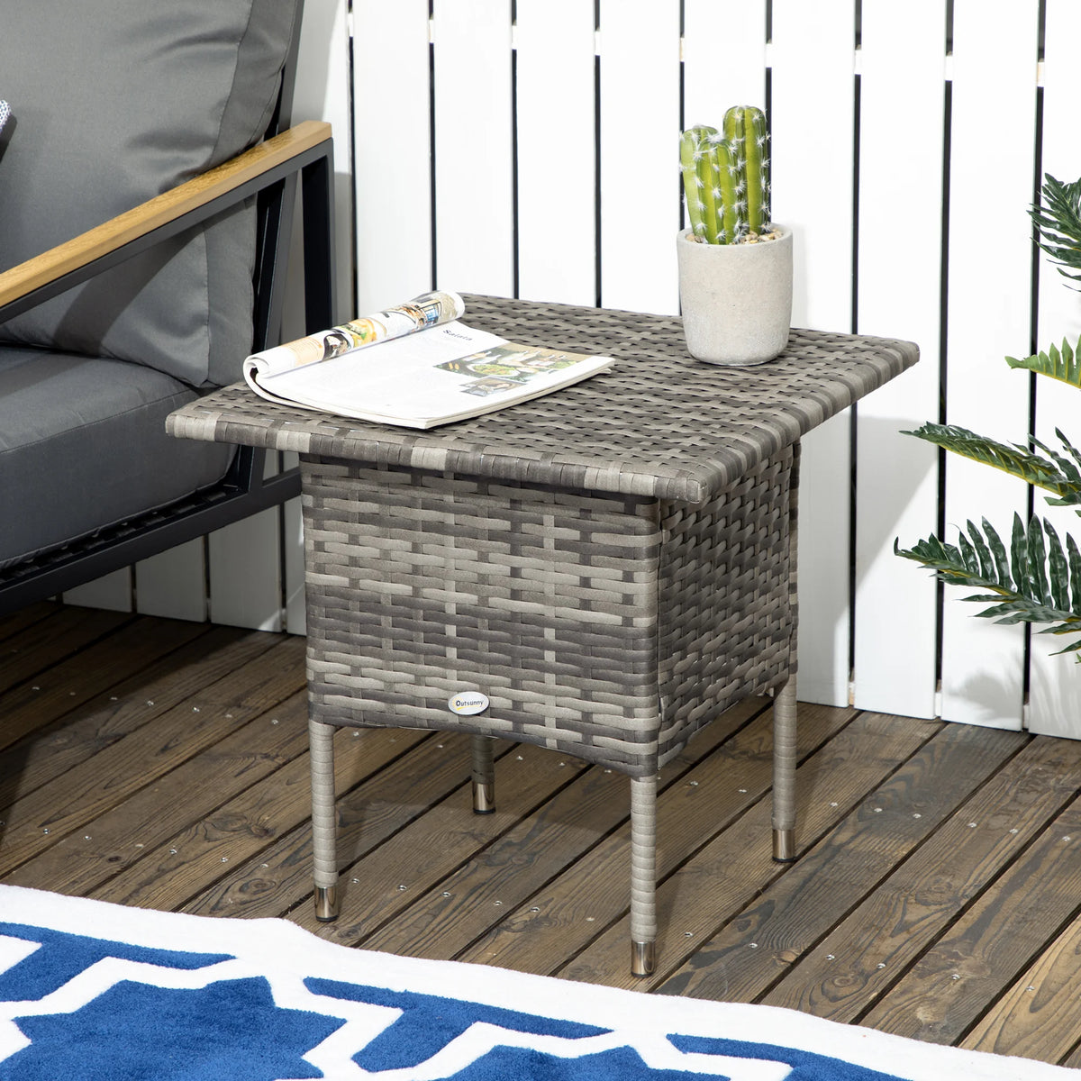 Rattan Side Table, Outdoor Coffee Table with Plastic Board Under the Full Woven Table Top, Mixed Grey