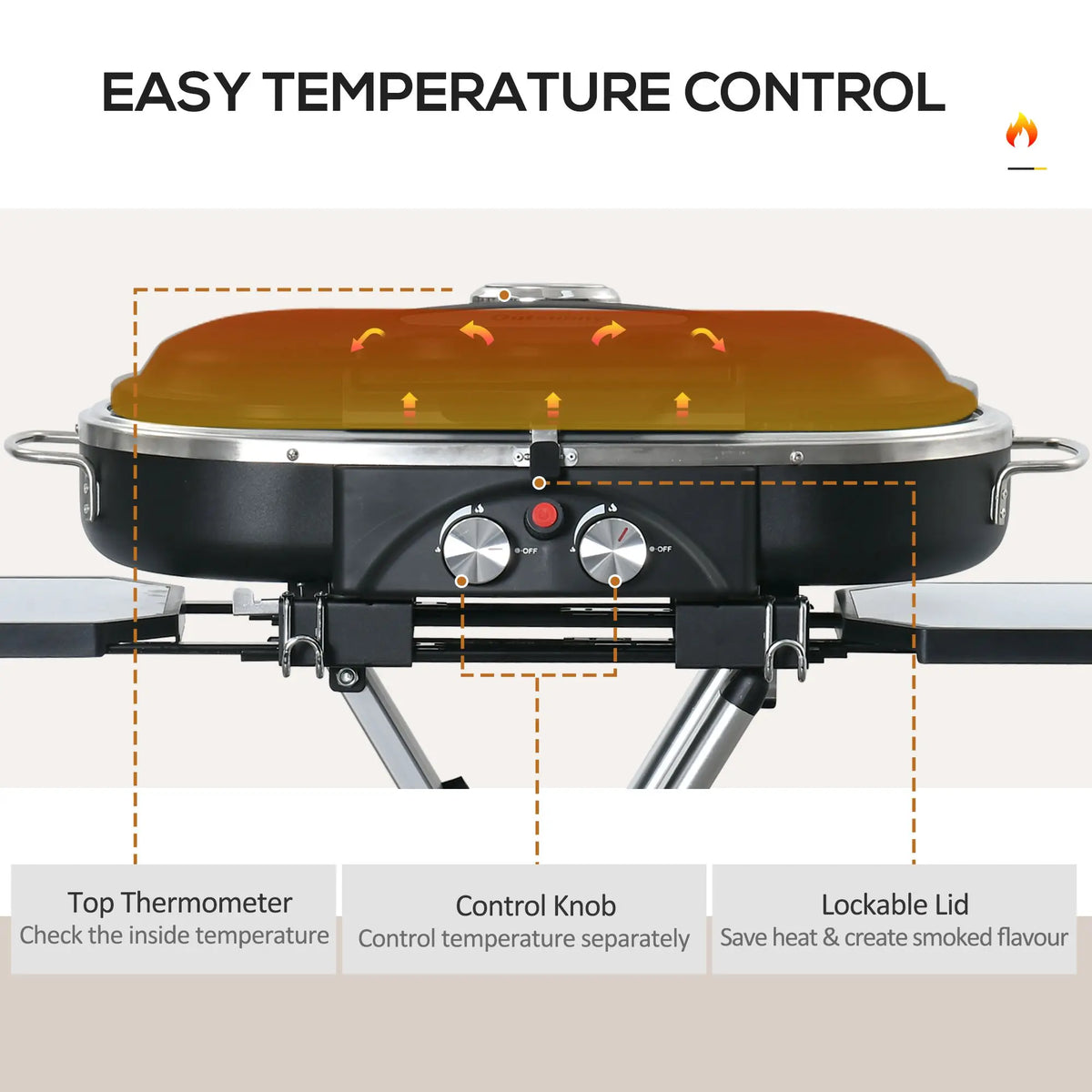 Foldable 2 Burner Gas BBQ Grill Trolley with Side Shelves Mesh Pocket Thermometer and Wheels