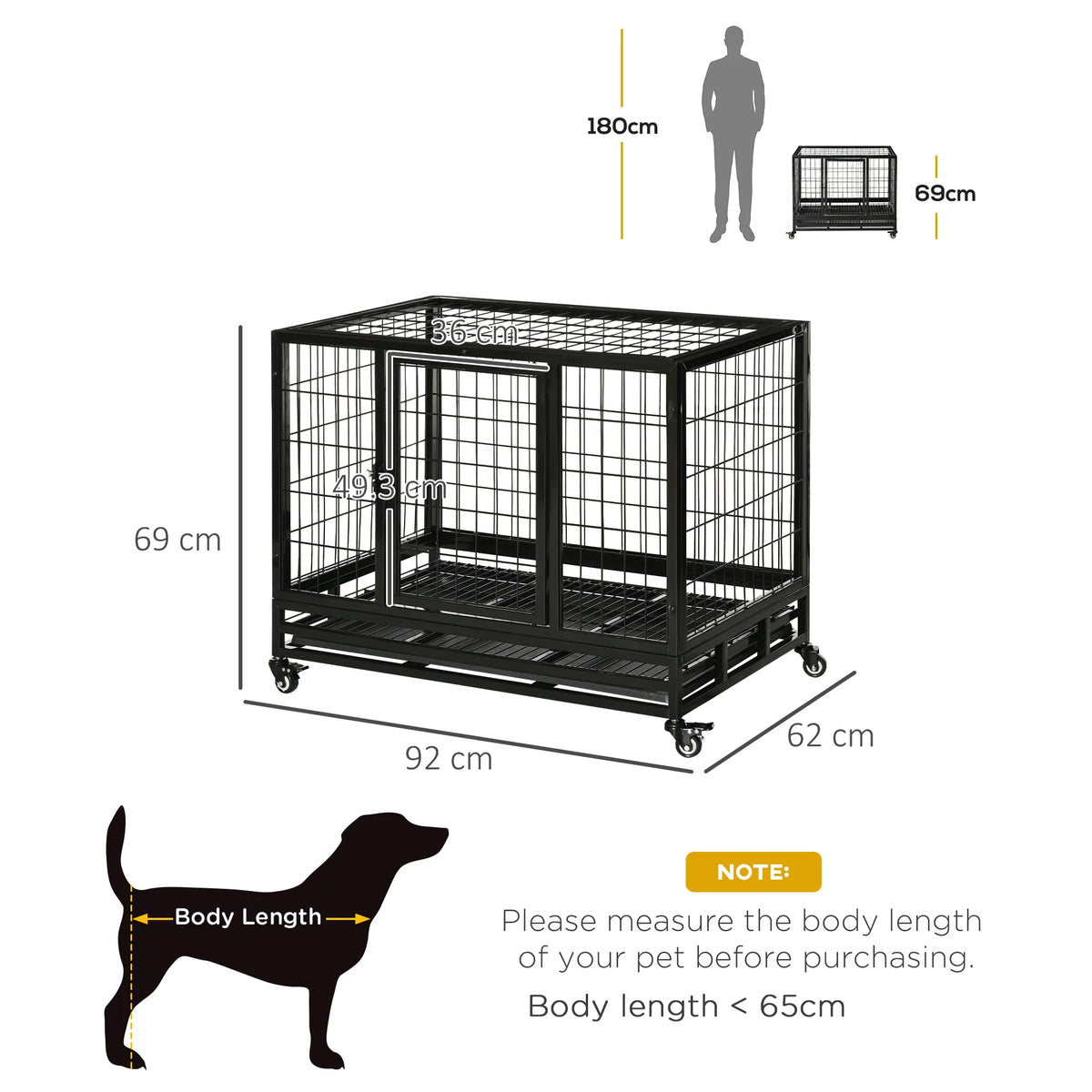 Metal Kennel Cage with Wheels and Crate Tray for Pet Dogs, Black