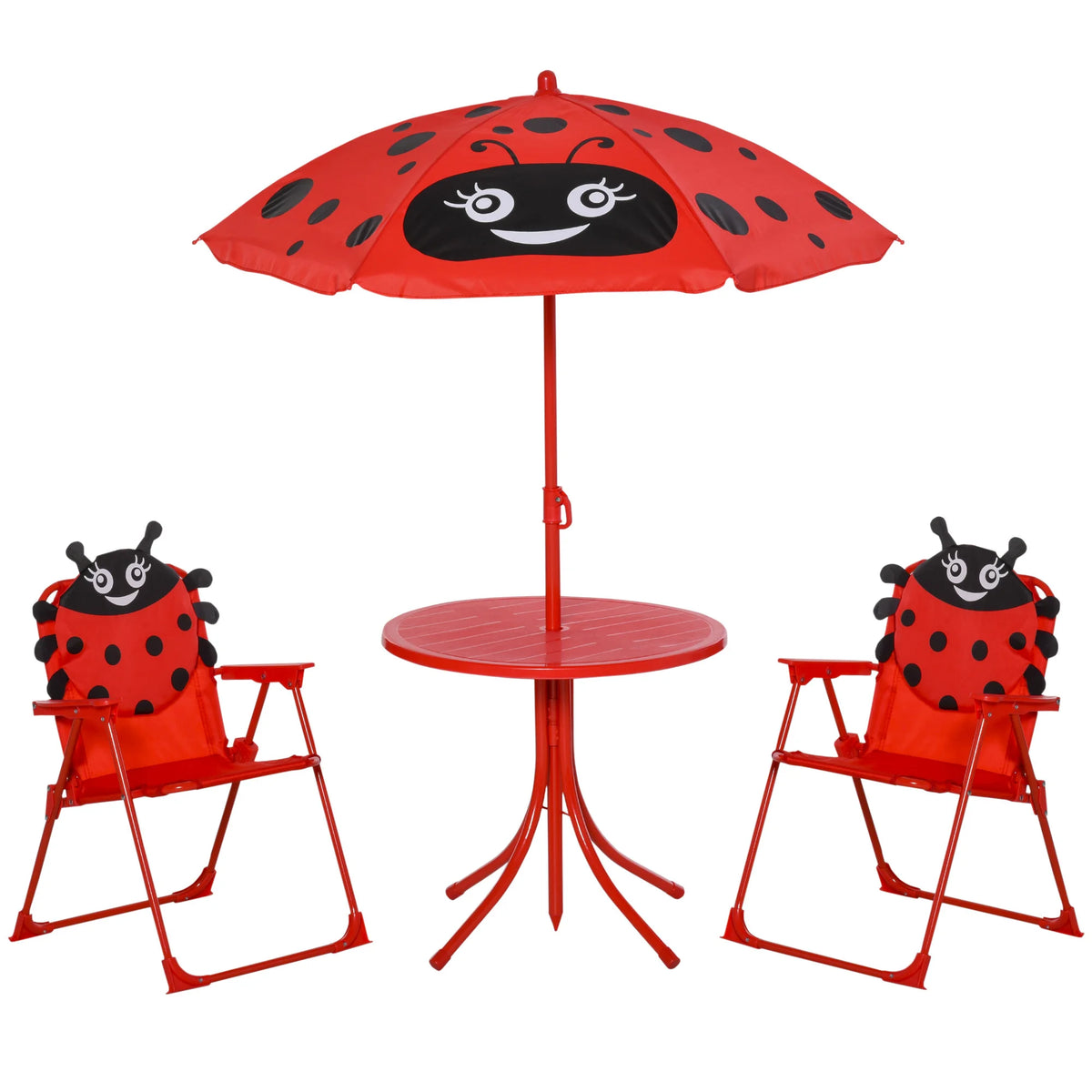 Kids Folding Picnic Table and Chair Set with Parasol Ladybird Pattern 2 Deck Chairs Metal Frame