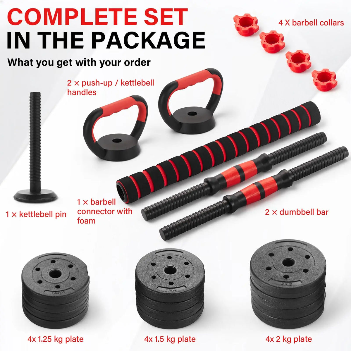 6 in 1 Adjustable Dumbbell Set 15kg 20kg 30kg Converts to Barbell Kettlebell and Push Up Rack Home Gym