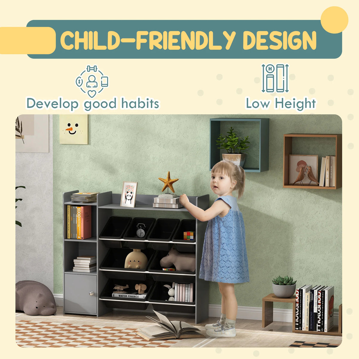 Kids Toy Storage Unit with 8 Removable Bins 2 Grids Cabinet and Top Shelf MDF and Steel Nursery Grey