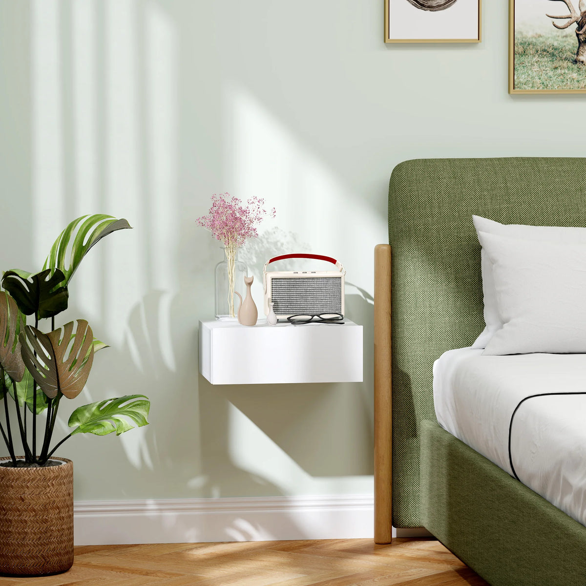 Floating Bedside Table, Wall-Mounted Side Table for Bedroom, White