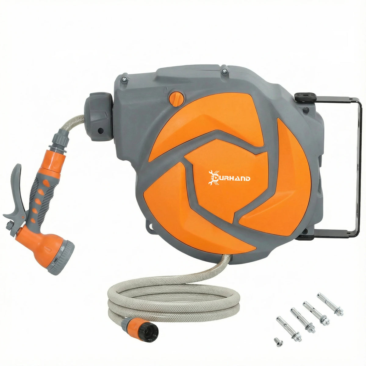 Compact 10m Retractable Hose Reel with Auto Rewind, Lock and Spray Gun, Grey and Orange
