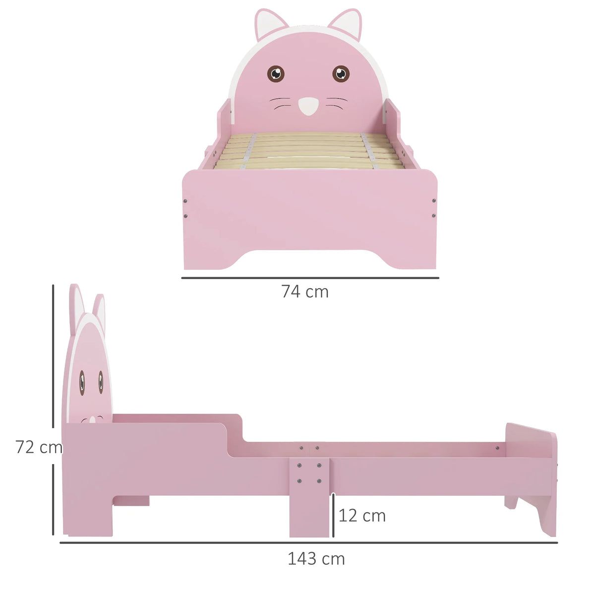 Toddler Bed Frame with Cat Design and Guardrails, 143 x 74cm, Pink